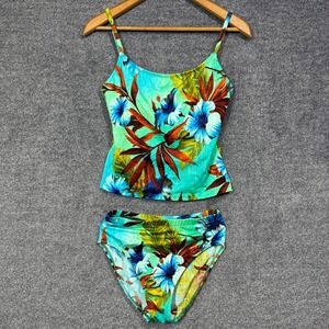 Baja Blue Tankini Swimsuit Womens 10 Tropical Floral Set Green Blue Size 10 USA